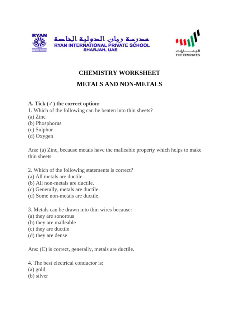 Chemistry Worksheet Metals and Non-Metals: A. Tick The Correct Option ...
