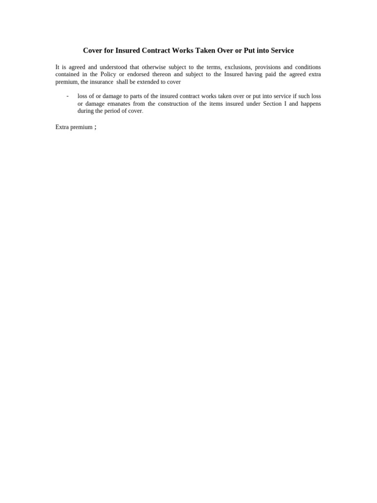 Cover For Insured Contract Works Taken Over or Put Into Service | PDF ...