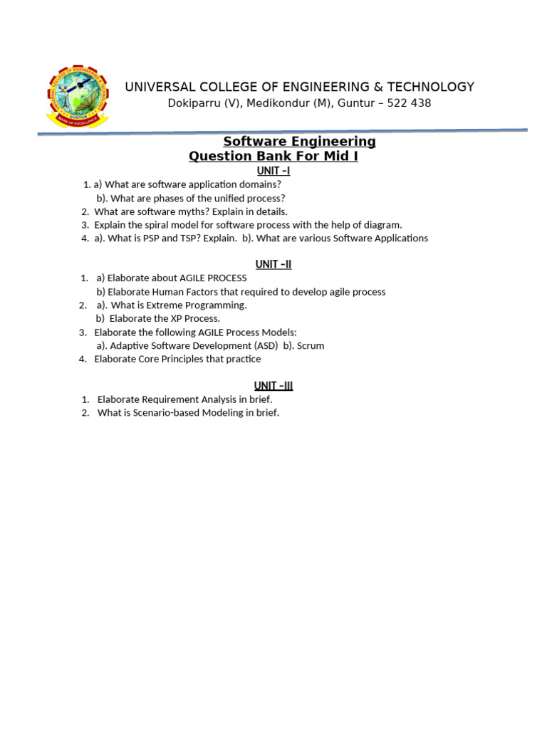 Software Engineering Mid I Question Bank | PDF