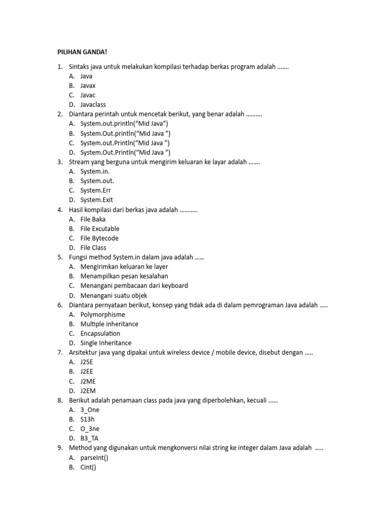 Soal Pemrograman Java: Pilihan Ganda & Esai | PDF
