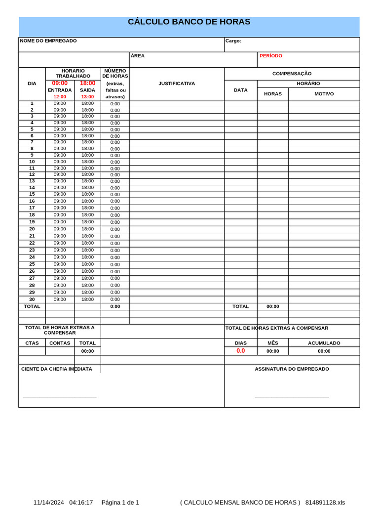 Planilha de Banco de Horas | PDF
