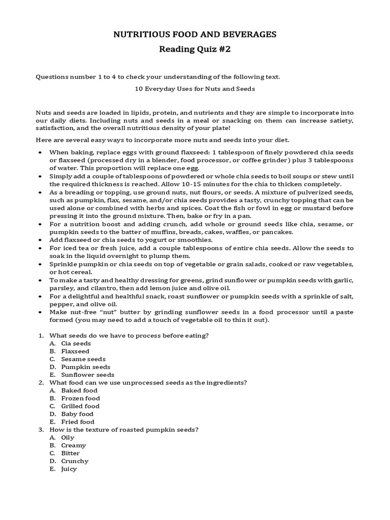Nutritious Food and Beverages Quiz 2 | PDF | Vegetables | Foods