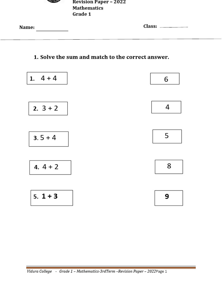 GR 1 - Mathematics - Revision - 3t - 2022 | PDF