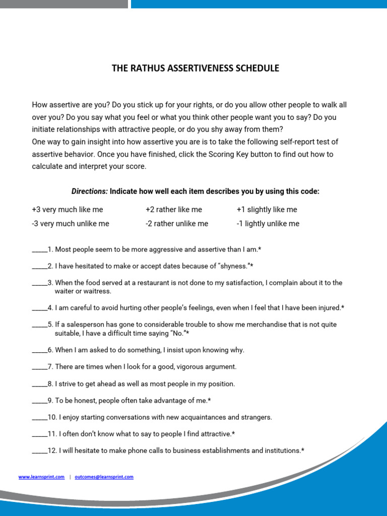 Rathus Assertiveness Schedule Guide | PDF | Shyness | Psychological ...