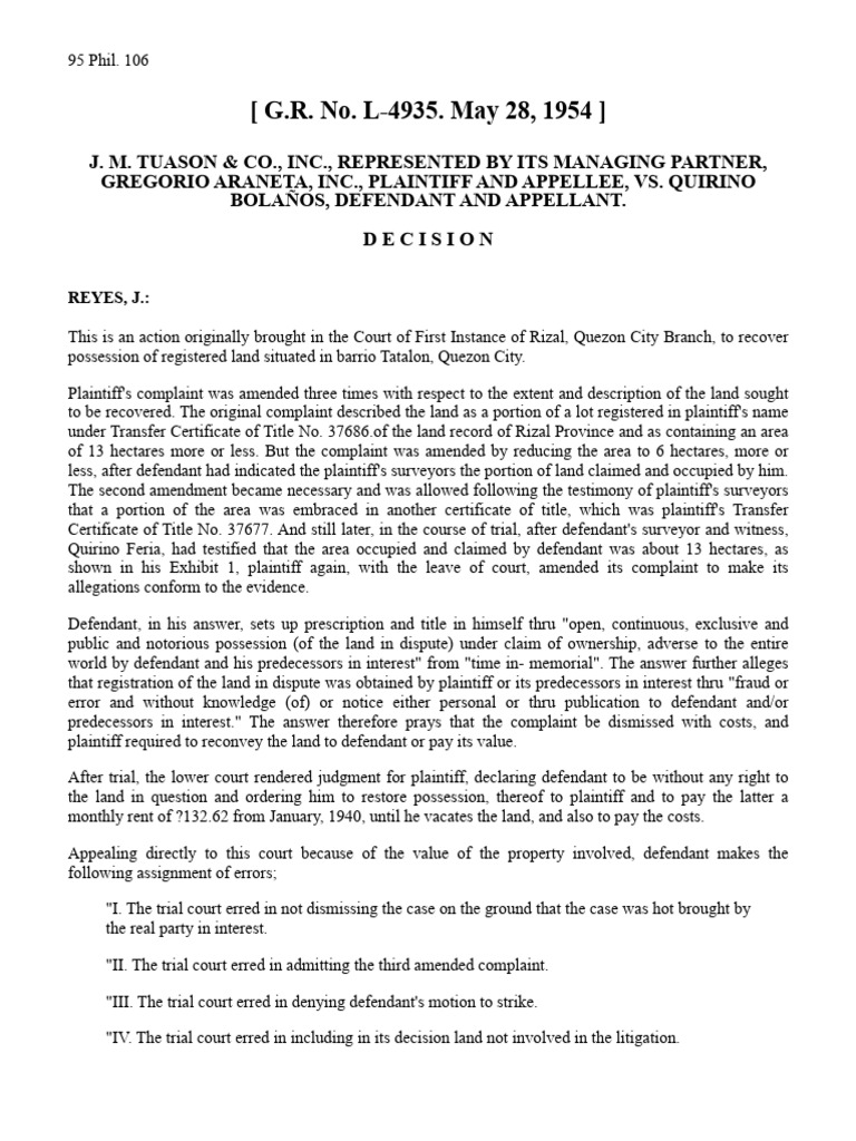 Land Dispute Case: Tuason vs. Bolaños | PDF | Pleading | Lawsuit