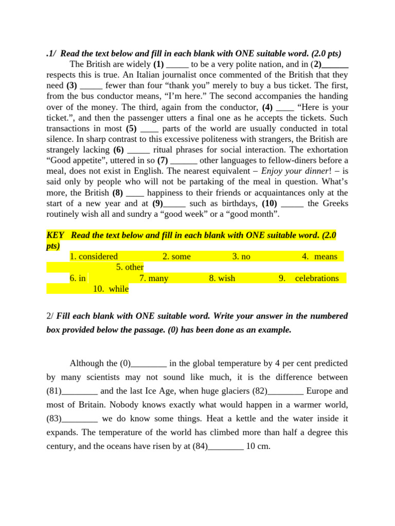 Open Cloze Test Exercises with Answers | PDF | Vitamin