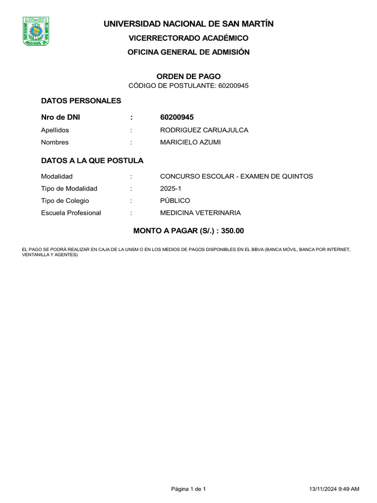 Orden de Pago para Medicina Veterinaria | PDF