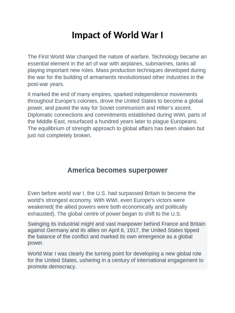Impact of world war 1 | PDF | World War I | Treaty Of Versailles