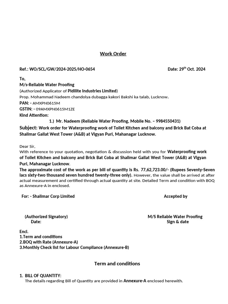 Work Order for Waterproofing Services | PDF | Employment | Personal ...