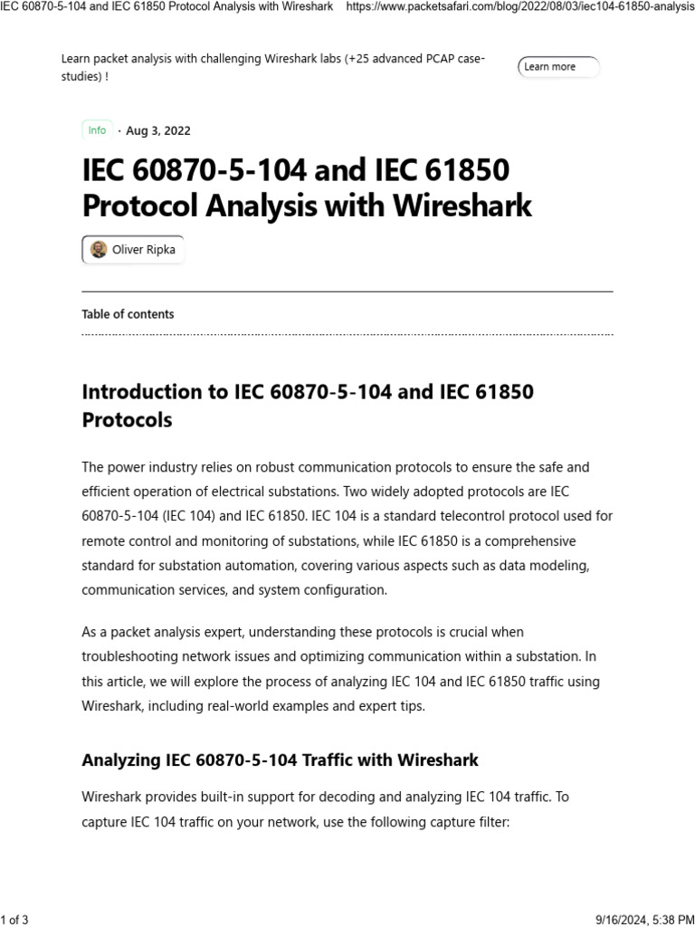 IEC 60870-5-104 and IEC 61850 Protocol Analysis With Wireshark | PDF ...