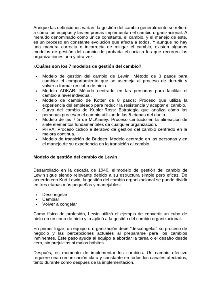 Modelo de Gestión del Cambio de Lewin | PDF | Gestión del cambio | Business