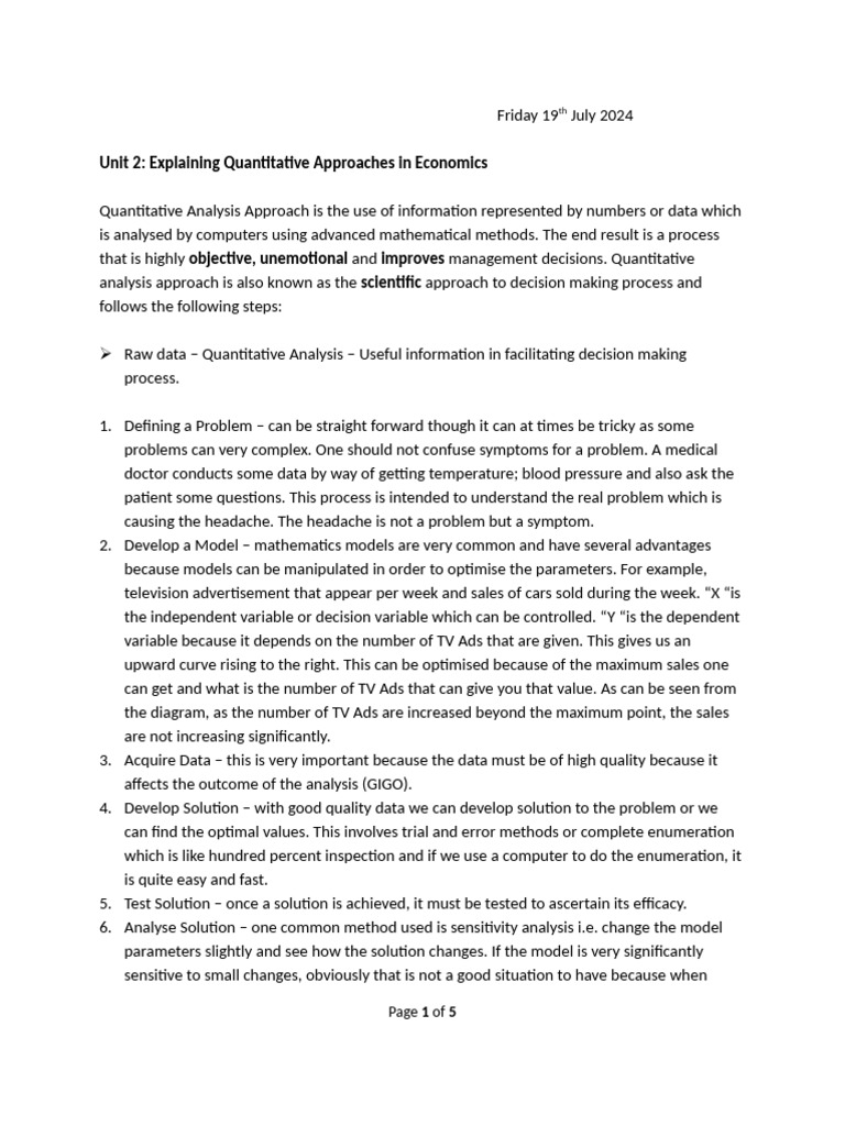 Unit Two - Explaining The Quantitative Approaches in Economics | PDF ...