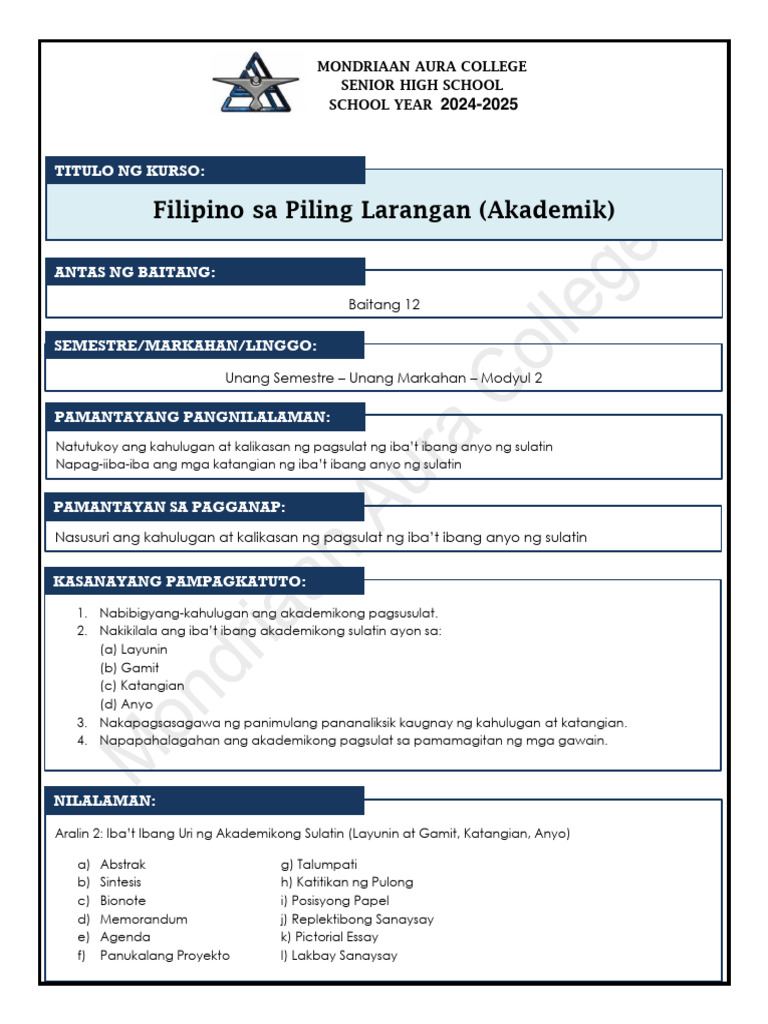 FPL Unang Semestre Unang Markahan Modyul 2 | PDF