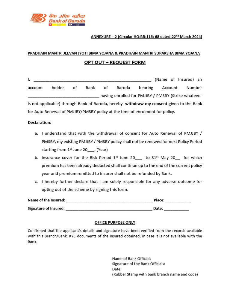 PMJJBY Opt-Out Request Form | PDF | Business | Finance & Money Management