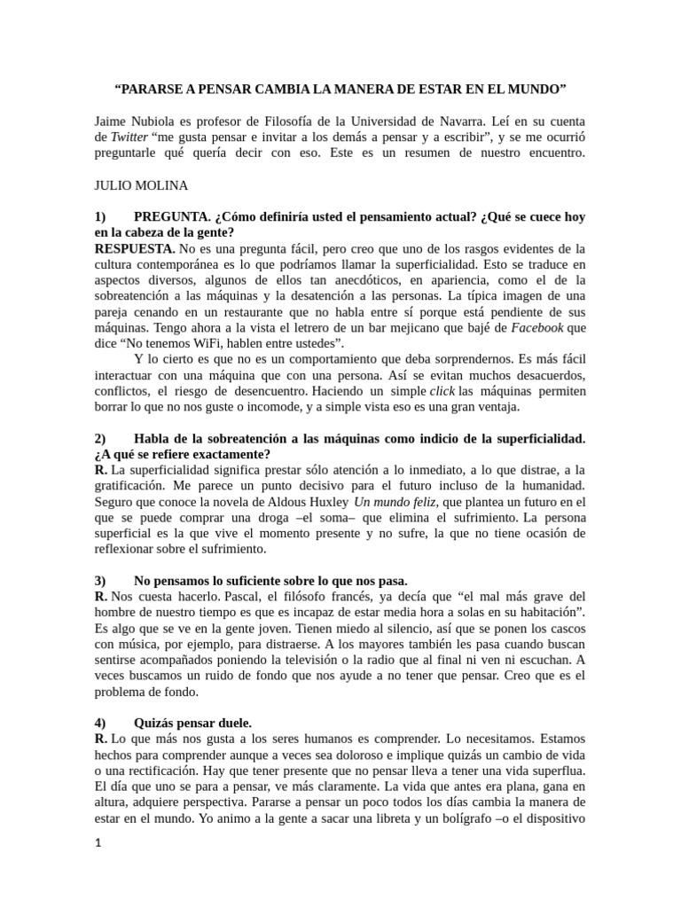 Pararse A Pensar Cambia La Manera de Estar en El Mundo | PDF | Verdad ...
