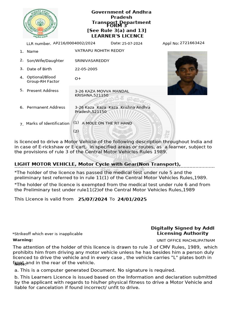 Andhra Pradesh Learner's Licence Form | PDF | Road Transport | Driving