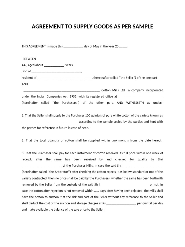 Agreement To Supply Goods As Per Sample | PDF | Business | Private Law