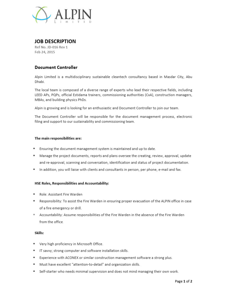 JD 016 R1 Document Controller | PDF | Career & Growth