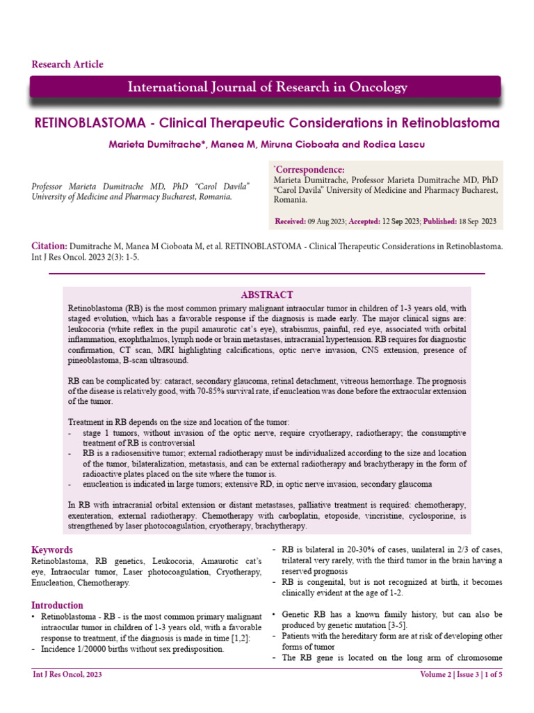 Retinoblastoma Clinical Therapeutic Considerations in Retinoblastoma ...