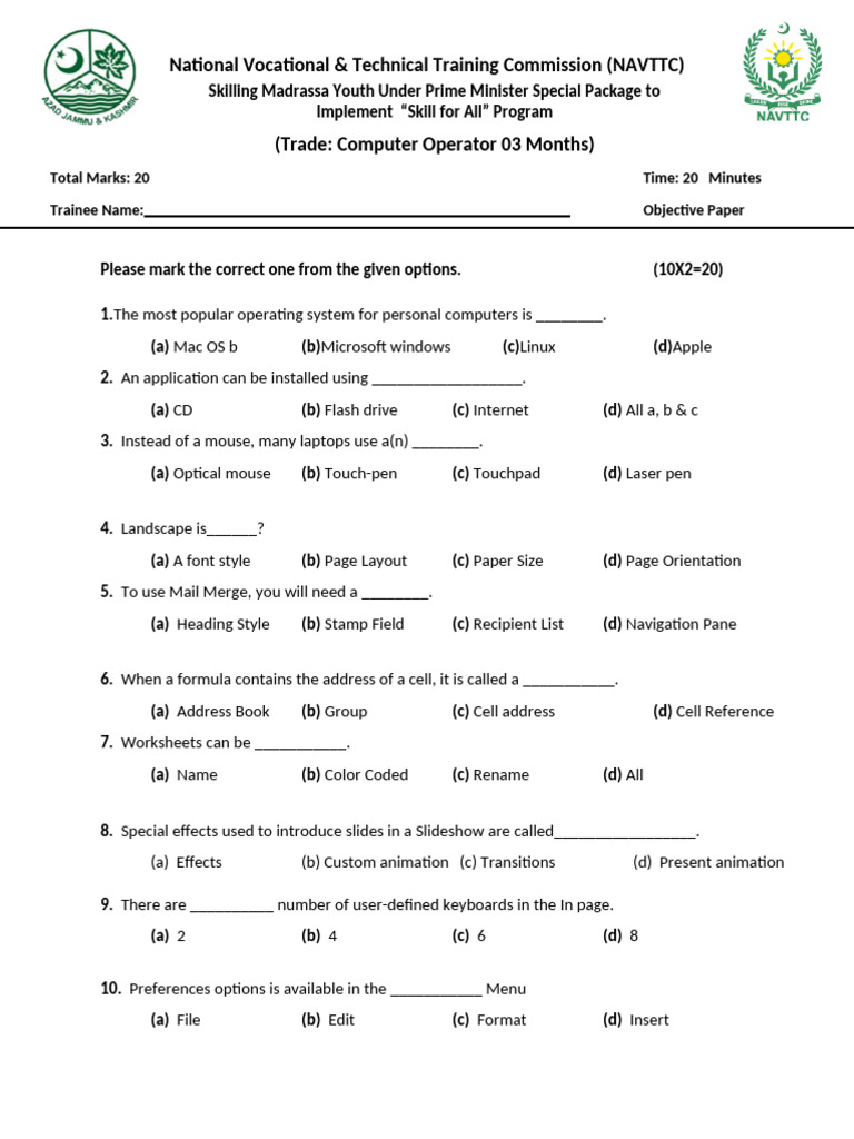 NAVTTC Computer Operator Training Assessment | PDF | Operating System ...