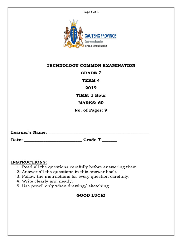 Grade 7 Technology Exam November 2019 | PDF | Lever | Foods