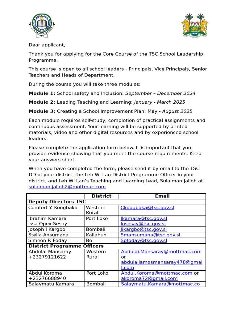 TSC School Leadership Programme Application | PDF | Academic Degree ...