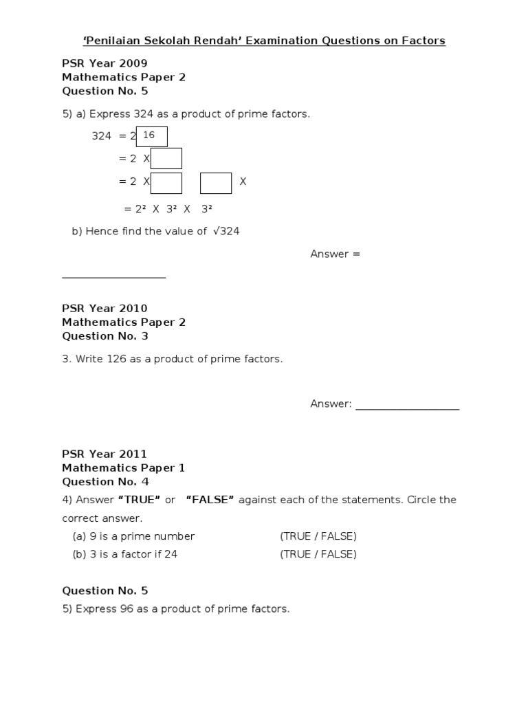 PSR Maths Exam Questions on Factors | PDF | Logic | Teaching Mathematics