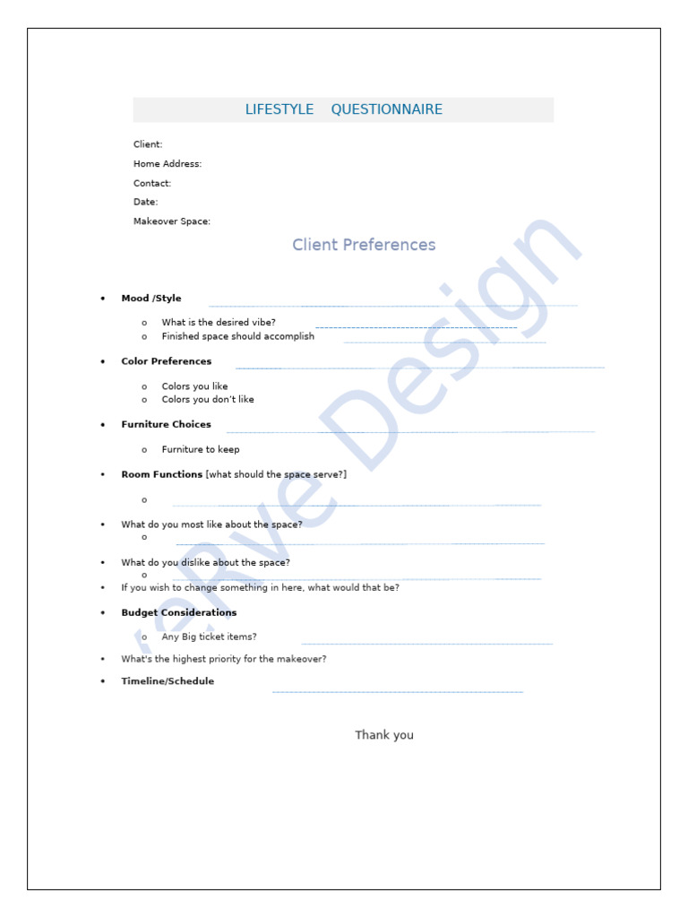 Lifestyle Questionnaire Template | PDF | Art