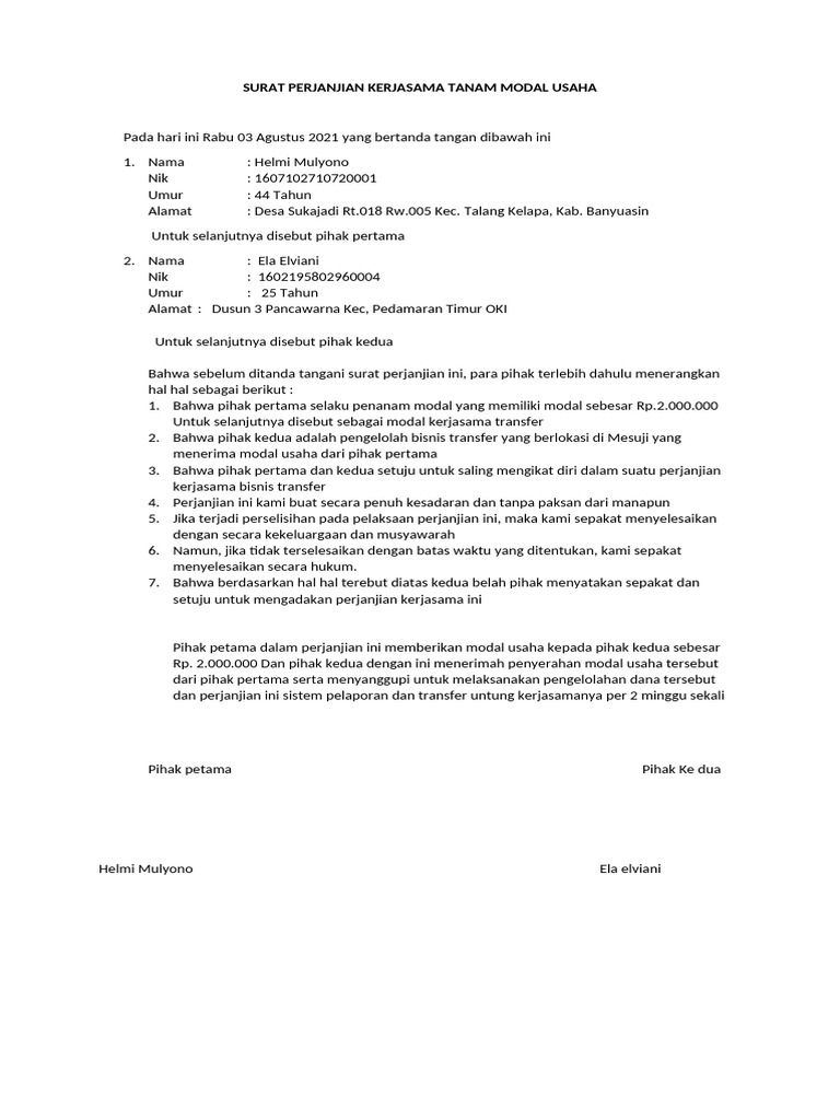 Surat Perjanjian Kerjasama Modal Usaha | PDF | Pengel…
