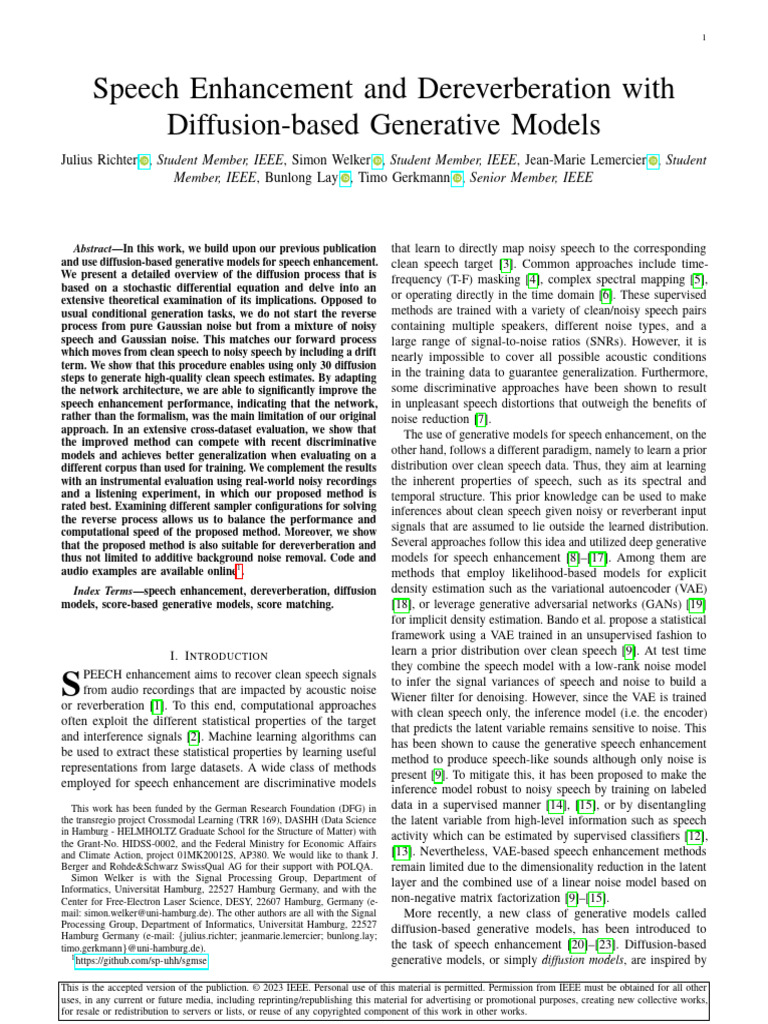 Diffusion Models for Speech Enhancement | PDF | Stochastic Differential ...