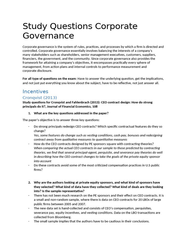 Study Questions Corporate Governance 2022 | PDF | Incentive | Motivation