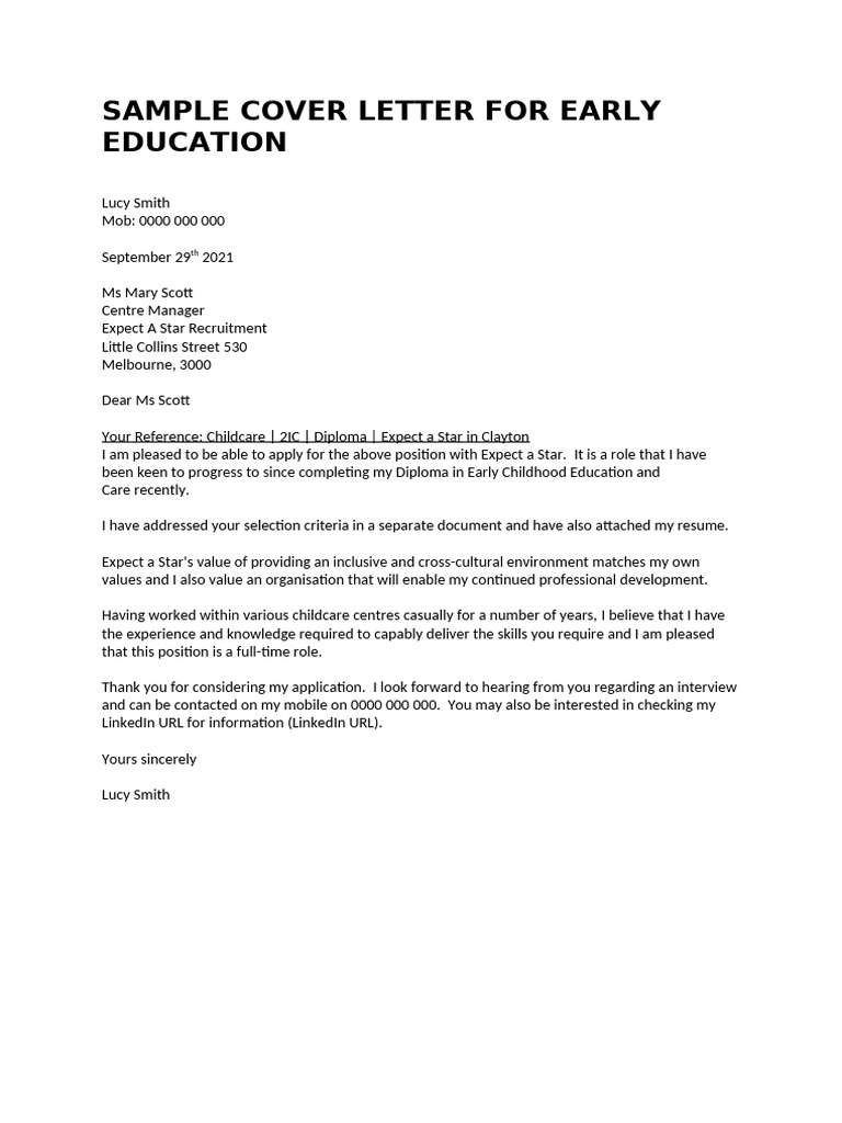 Sample Cover Letter For Early Childhood Education | PDF