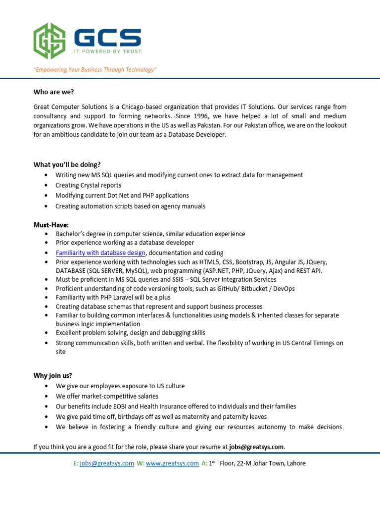 Database Developer Position at Greatsys | PDF