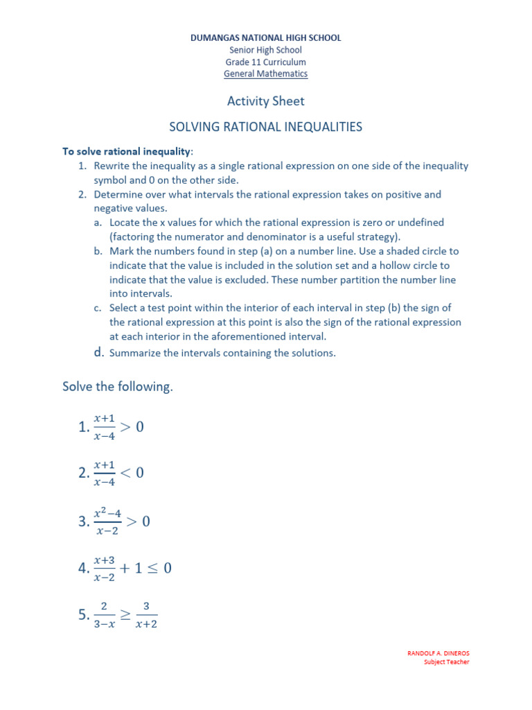 Solving Rational Inequalities Guide | PDF | Numbers | Interval ...