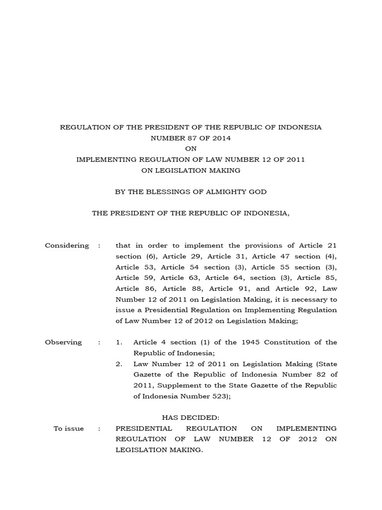 Indonesia Presidential Regulation on Legislation | PDF | Presidents Of ...
