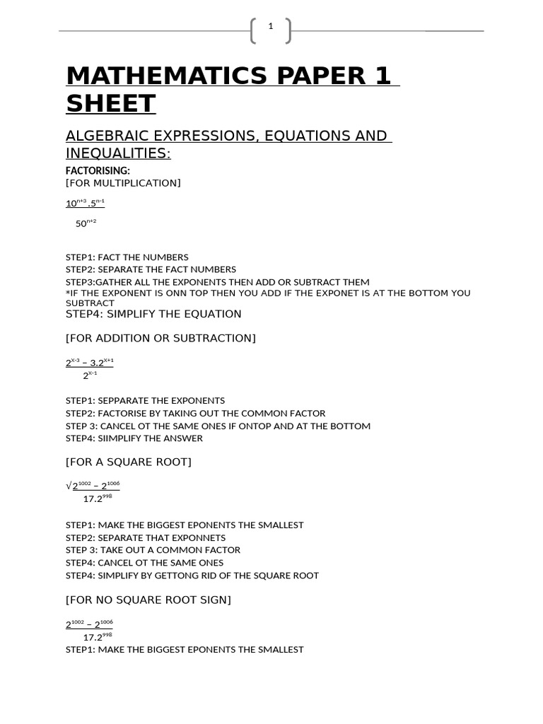 Mathematics Paper 1 Sheet | PDF | Exponentiation | Factorization