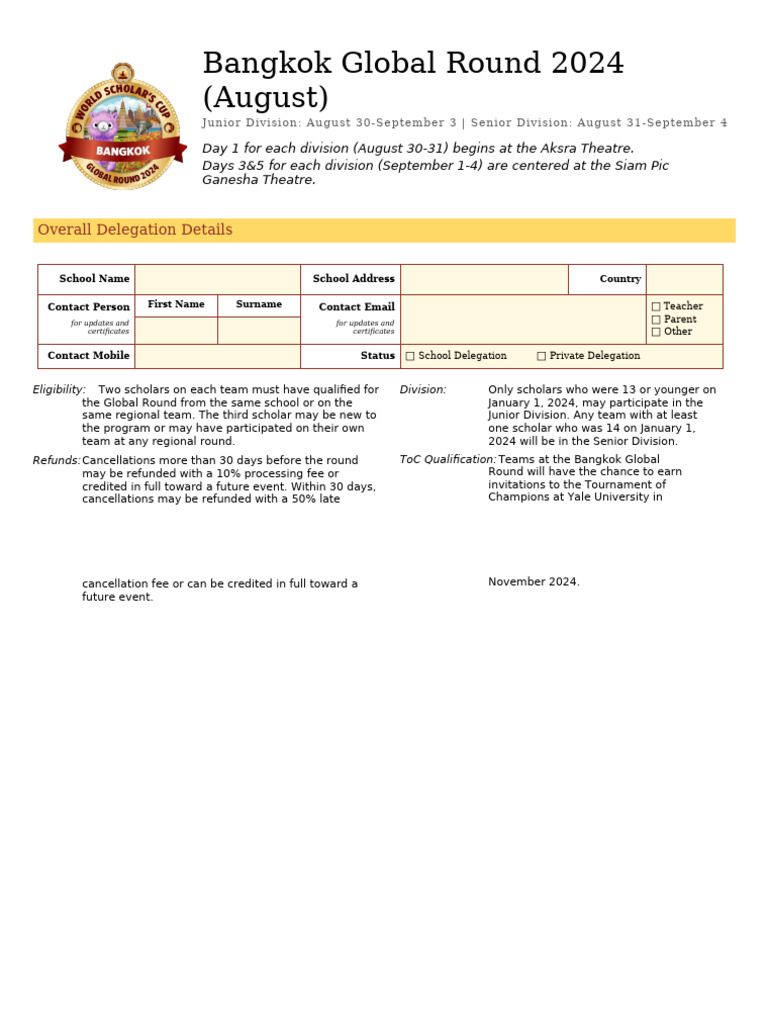 WSC Bangkok August Global Round 2024 Registration Form | PDF