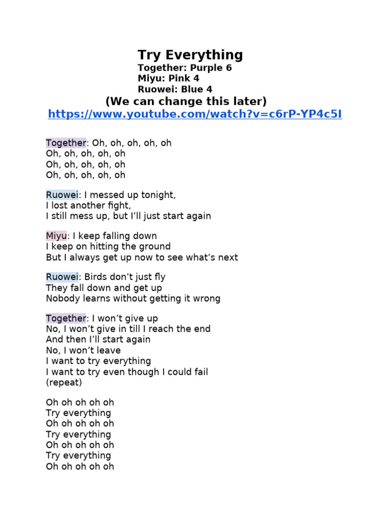Try Everything Lyrics and Worksheet | PDF
