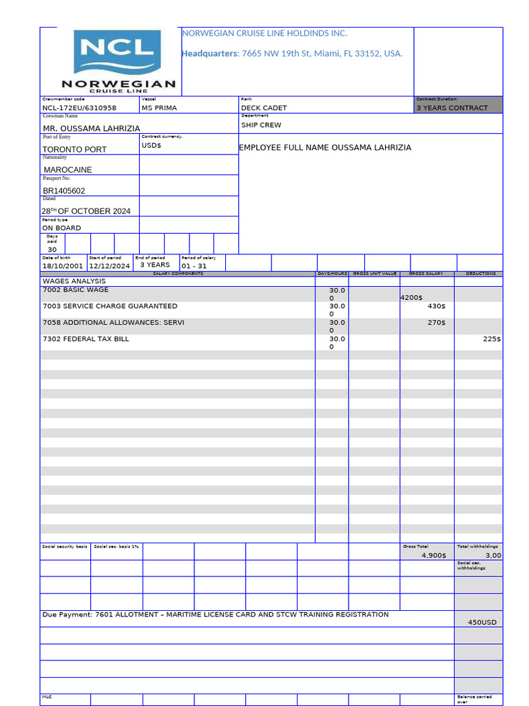NCL MS Prima Deck Cadet Contract Details | PDF | Salary | Wage