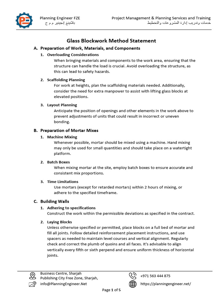 Glass Blockwork Method Statement | PDF | Specification (Technical ...