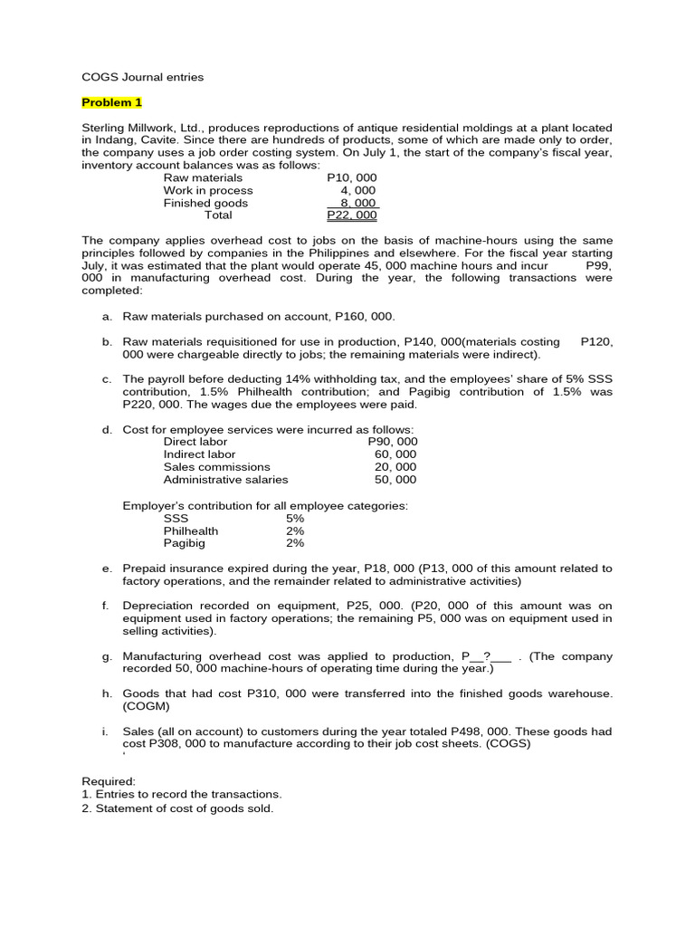 COGS Journal Entries and Calculations | PDF | Cost Of Goods Sold ...