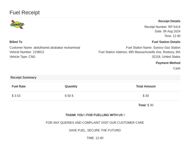 Fuel Receipt for CNG Purchase at Sunoco | PDF