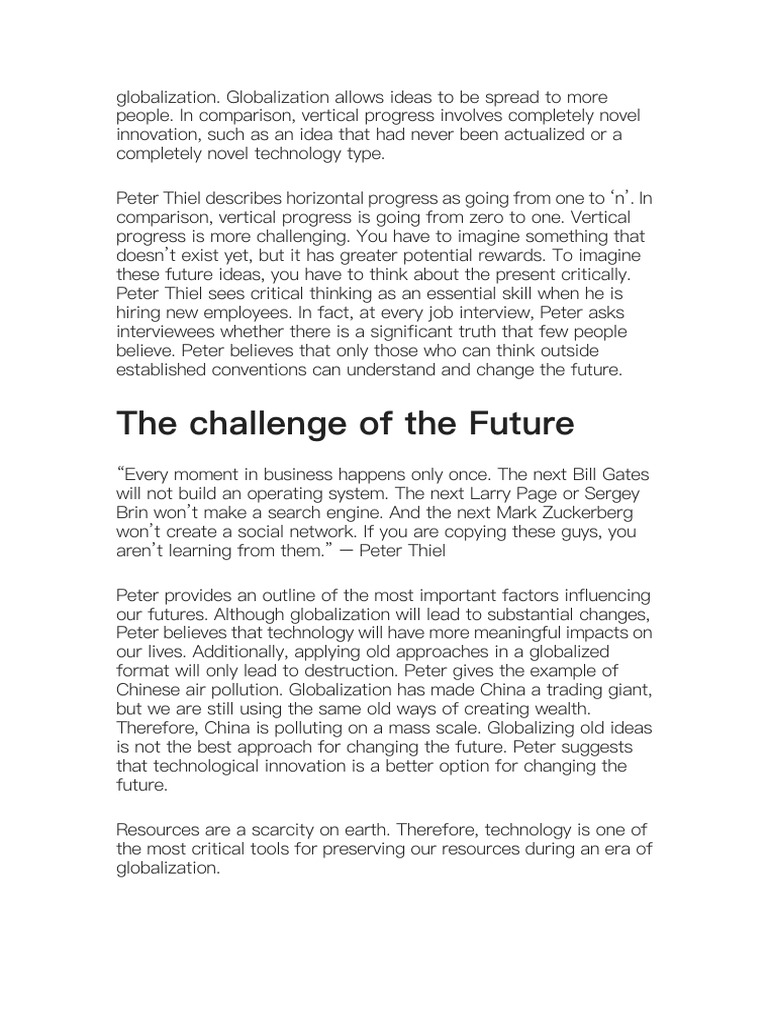 Cover of PDF document discussing Thiel’s views on globalization and innovation