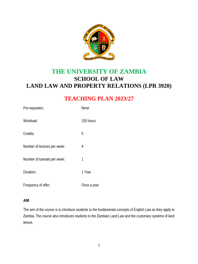 Land Law Teaching Plan 2023/27 | PDF | Leasehold Estate | Lease