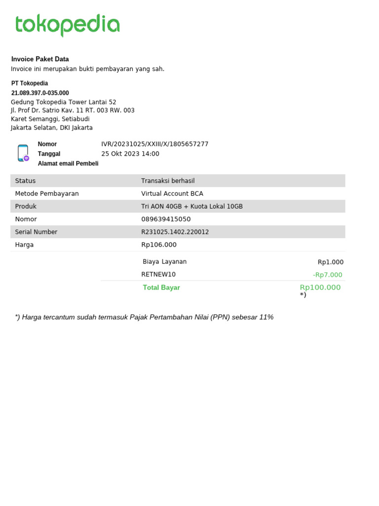 Invoice Tri AON 40GB Pembayaran Sukses | PDF