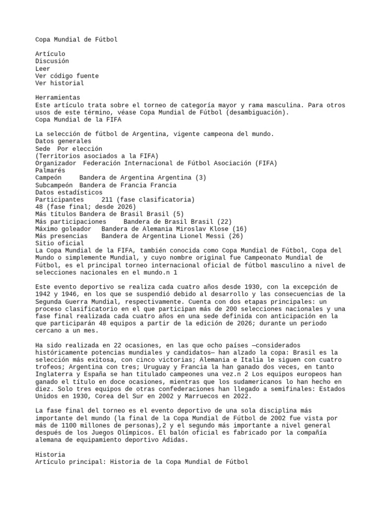 Historia y datos de la Copa Mundial FIFA | PDF | FIFA Copa del Mundo ...