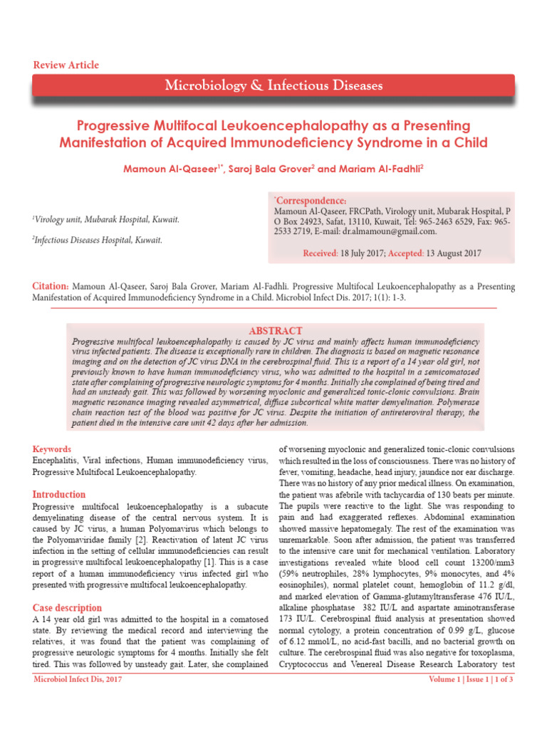 PML in HIV-Positive Child: Case Report | PDF | Immunodeficiency ...
