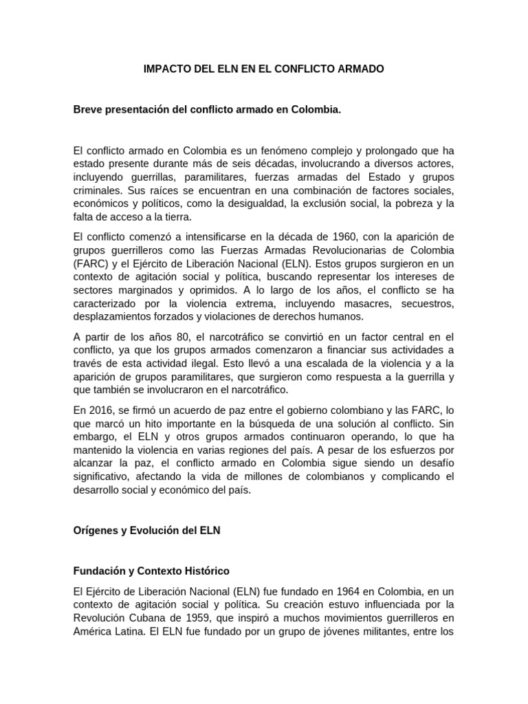 Breve Presentación Del Conflicto Armado en Colombia Con El Eln | PDF ...