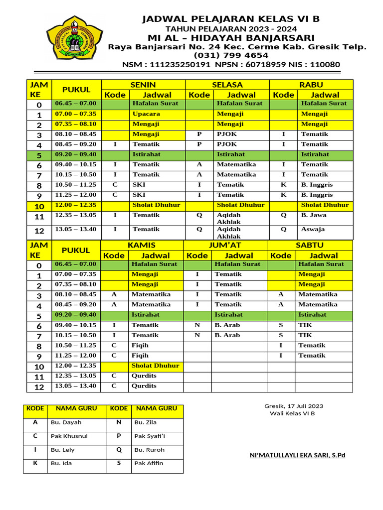 Jadwal Pelajaran Kelas Vi B | PDF