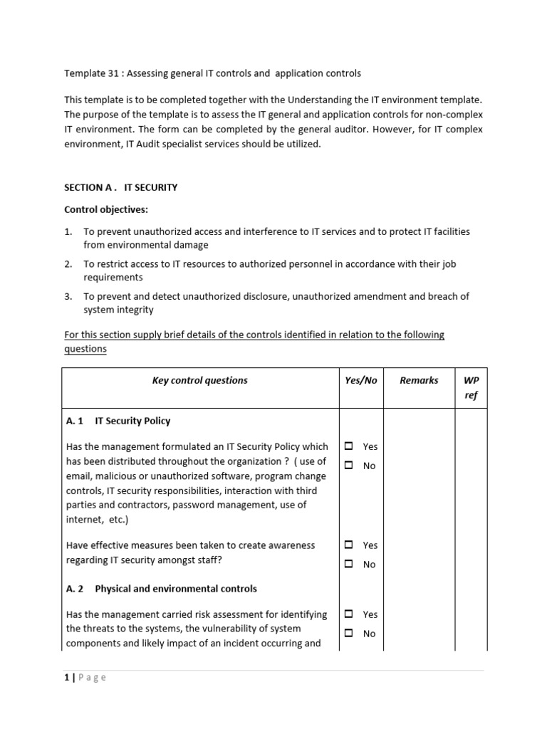 Template 31 Assessing General IT Controls and Application Controls 2021 ...
